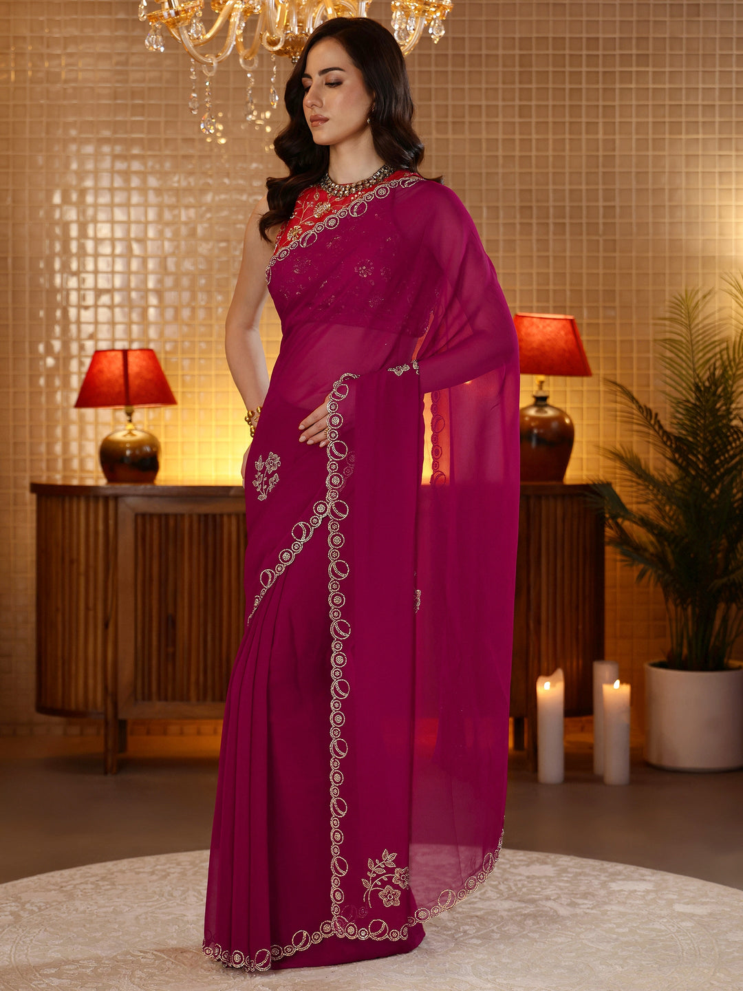  Magenta Pink Embellished Georgette Saree 