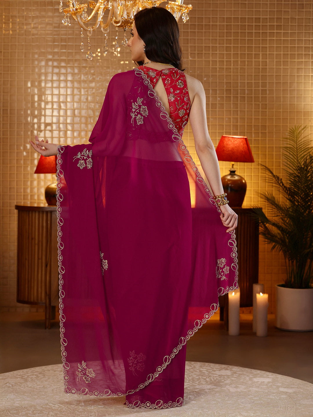  Magenta Pink Embellished Georgette Saree 