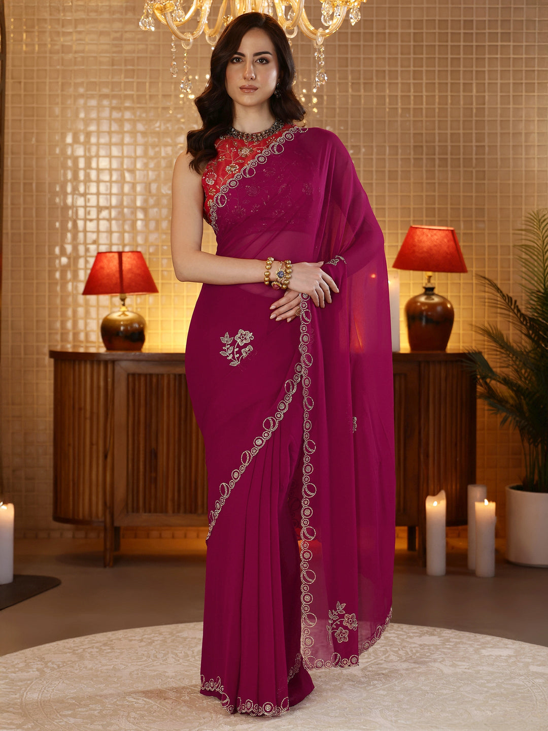  Magenta Pink Embellished Georgette Saree 