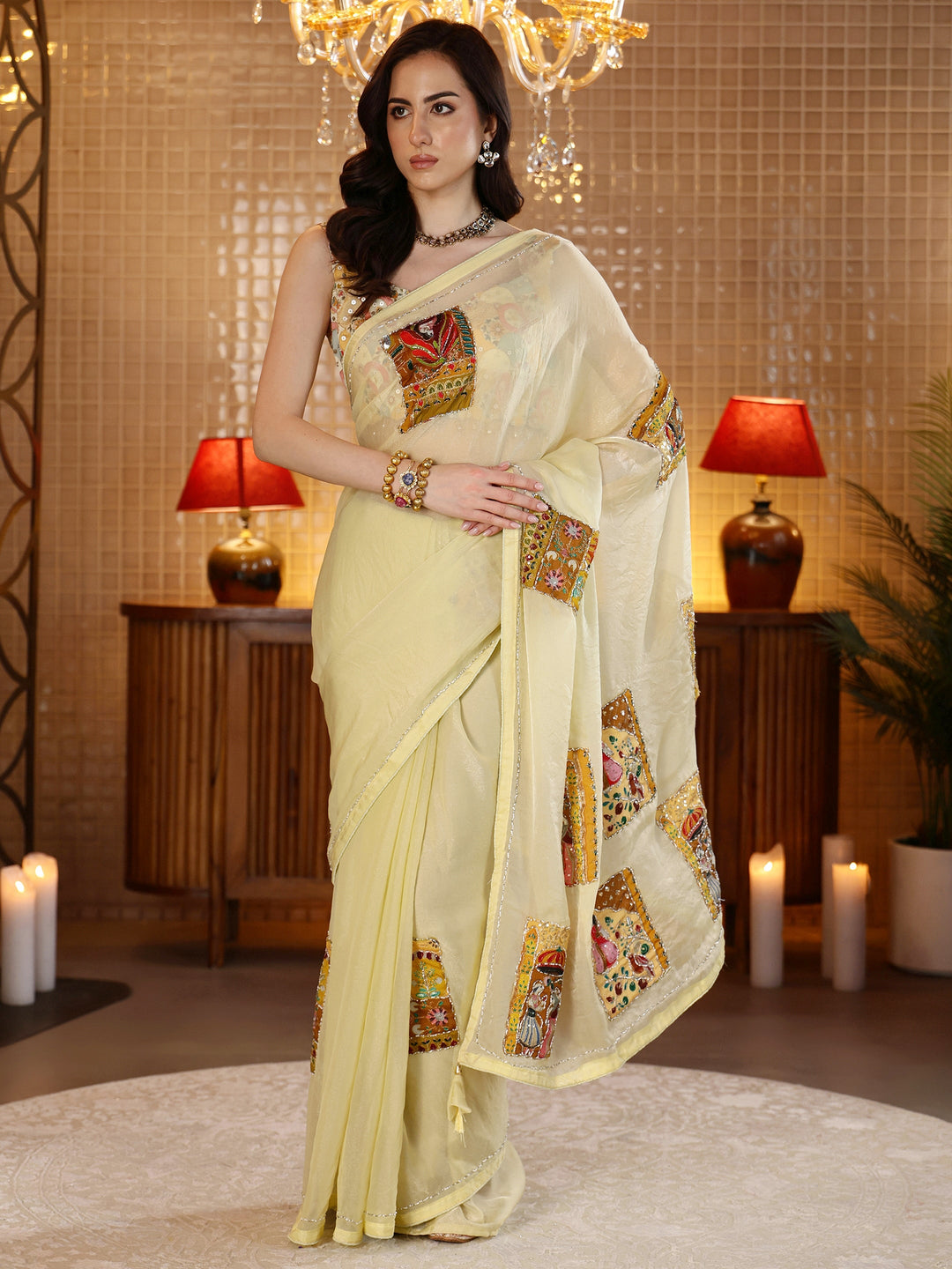  Yellow Applique Silk Blend Saree 