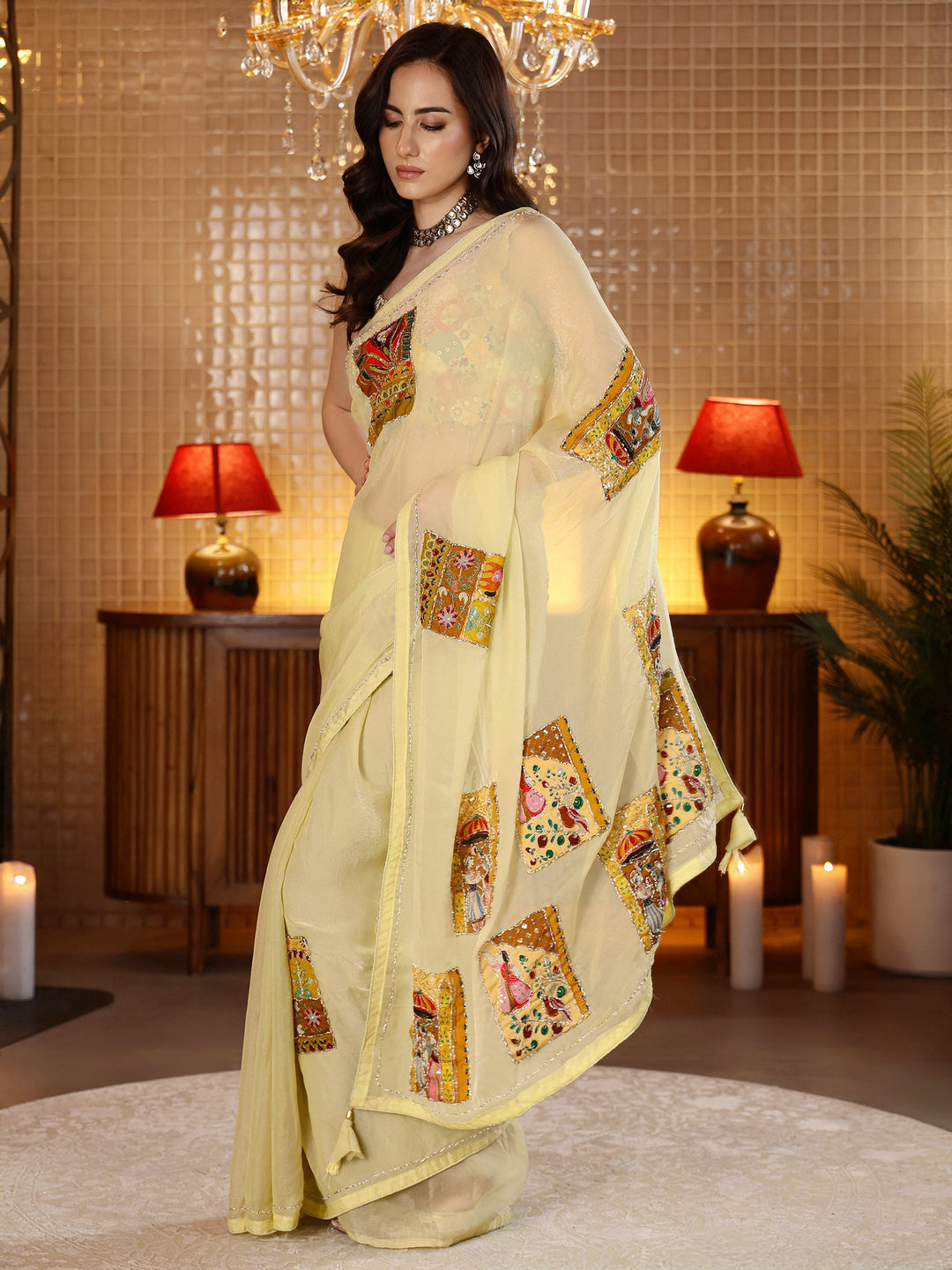 Yellow Applique Silk Blend Saree 