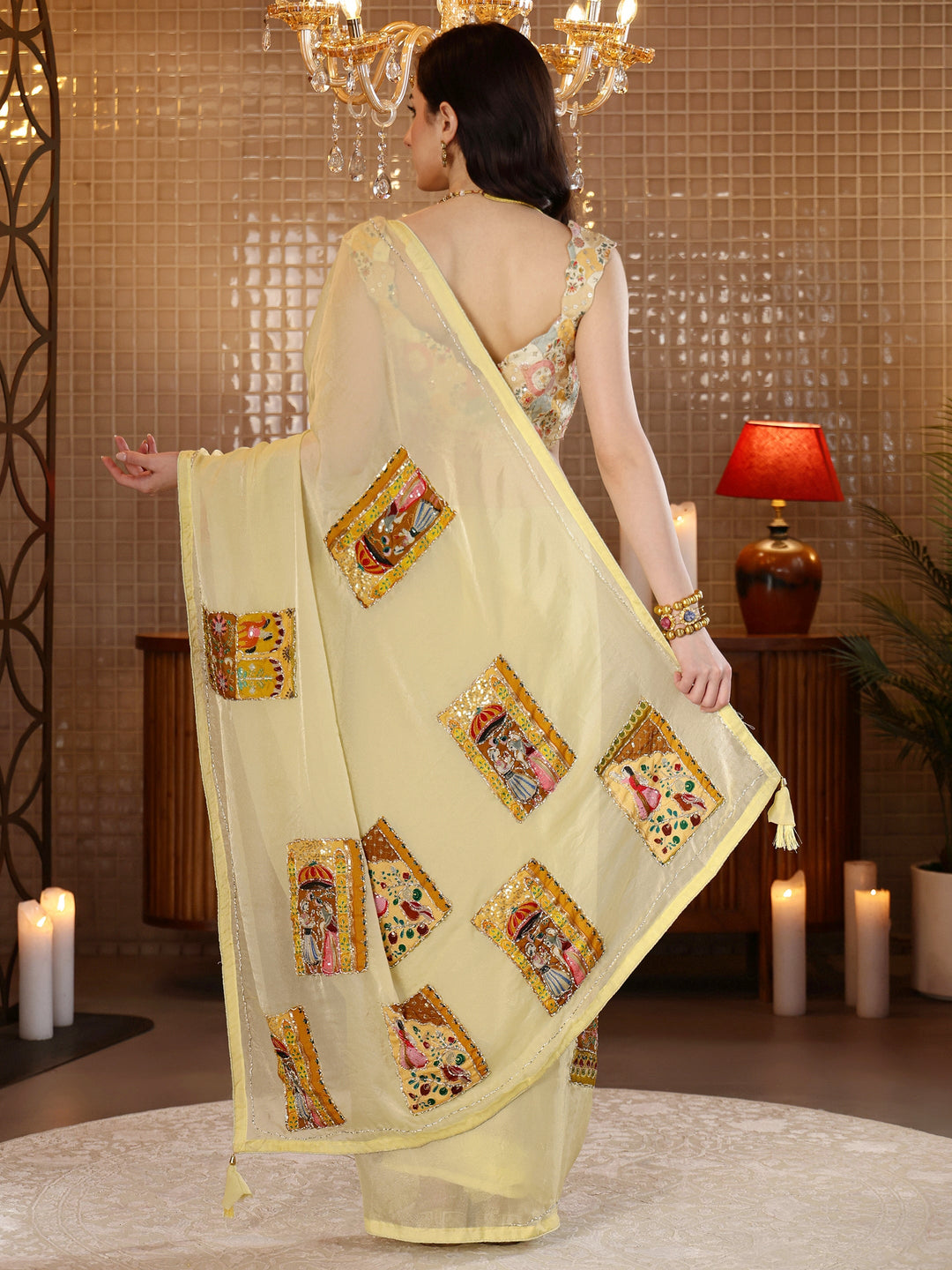  Yellow Applique Silk Blend Saree 