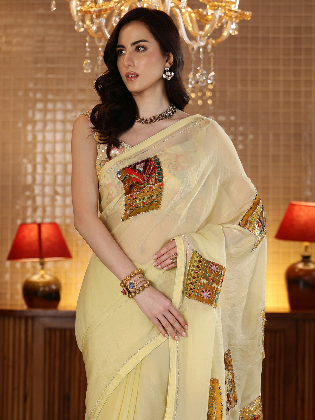  Yellow Applique Silk Blend Saree 
