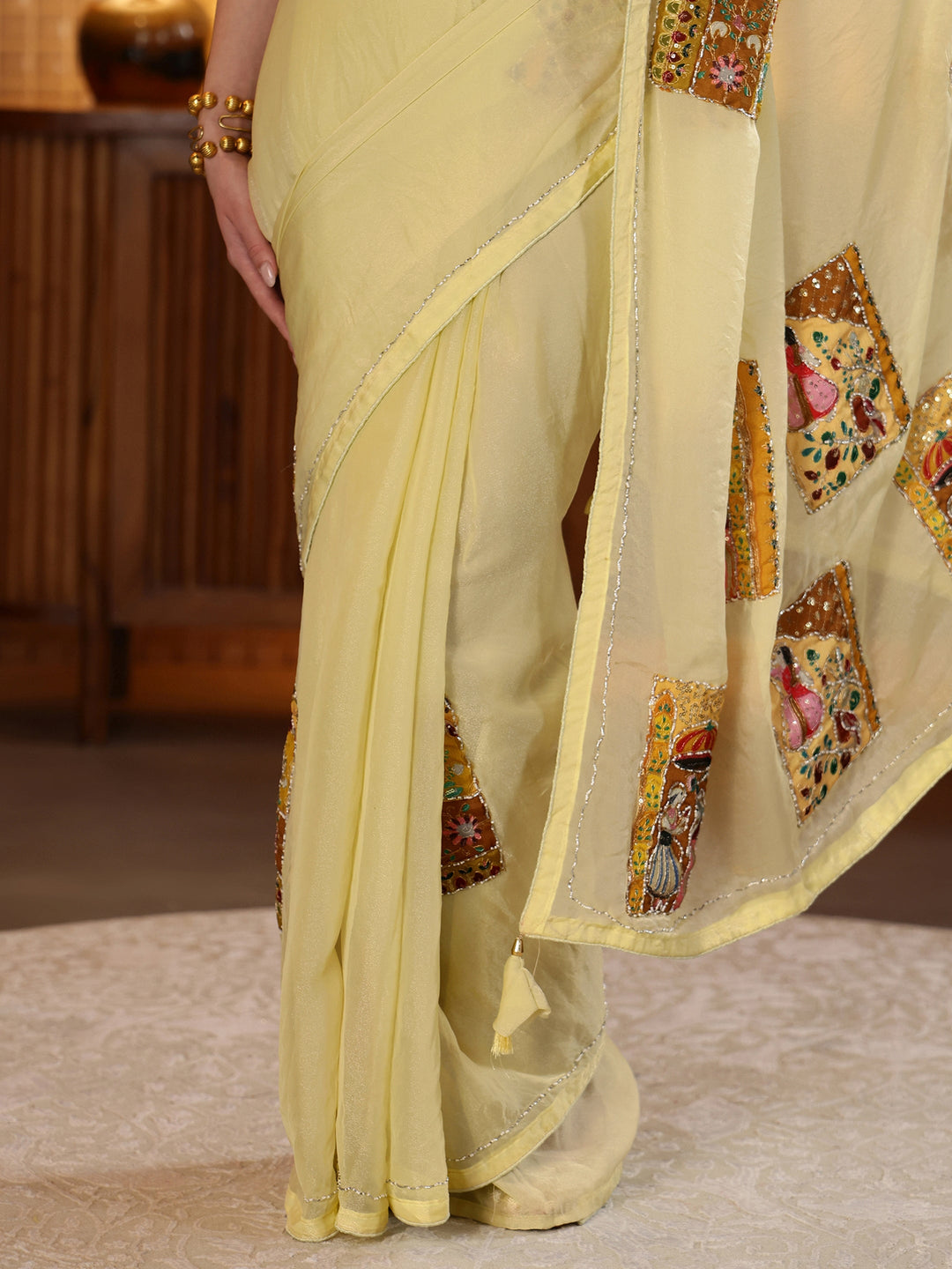  Yellow Applique Silk Blend Saree 