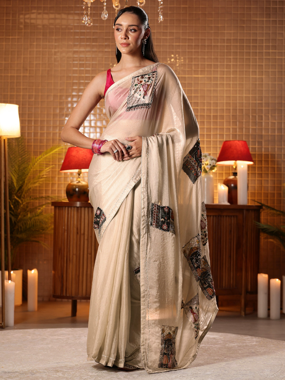  Taupe Applique Silk Blend Saree 