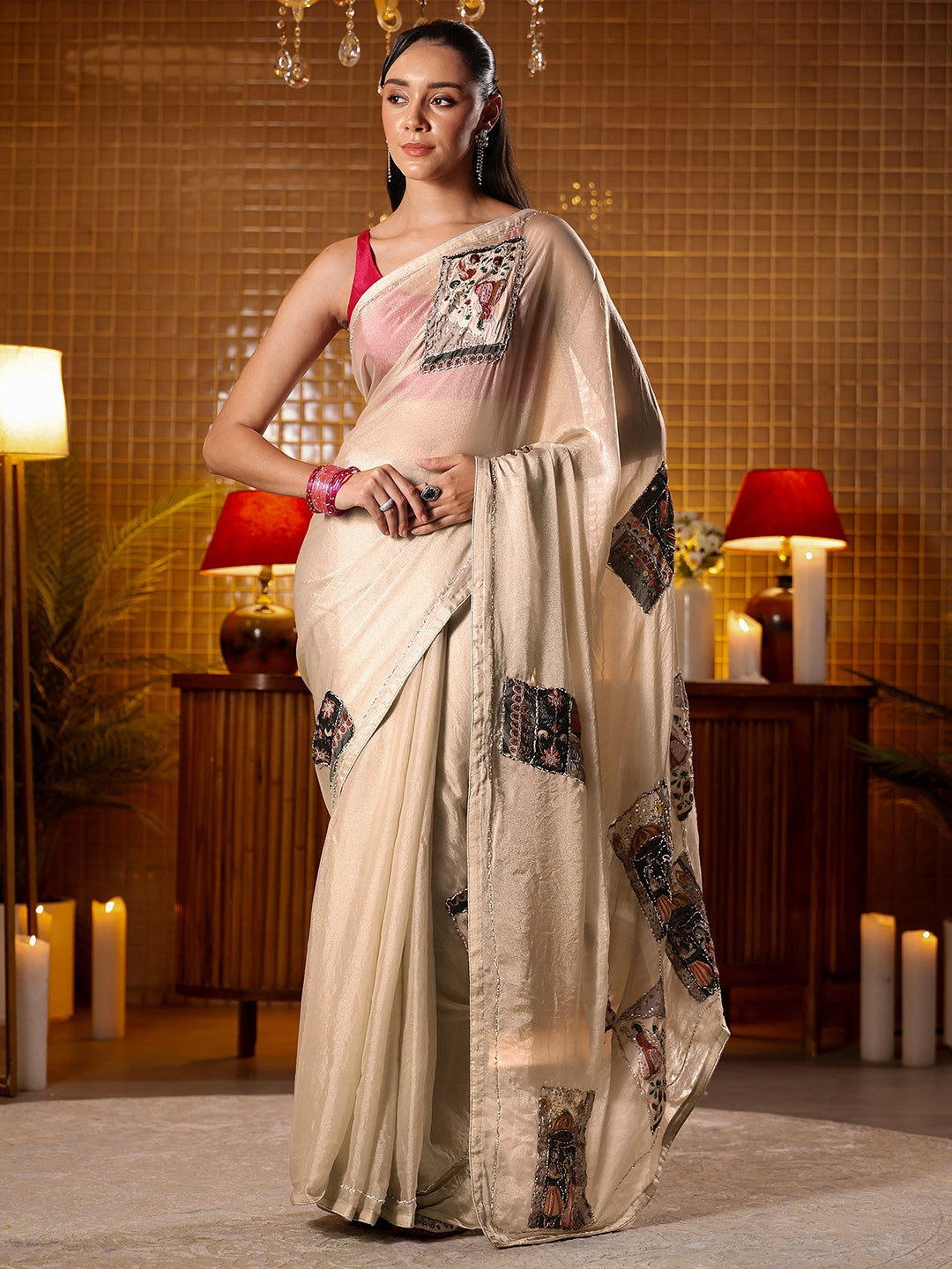  Libas Taupe Applique Silk Blend Saree 