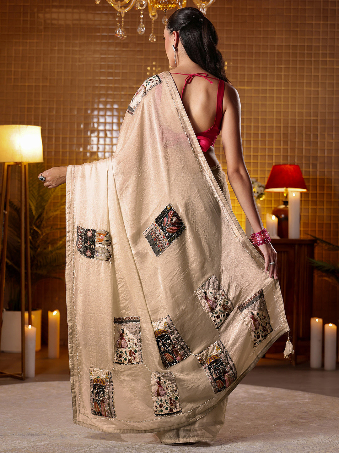  Libas Taupe Applique Silk Blend Saree 
