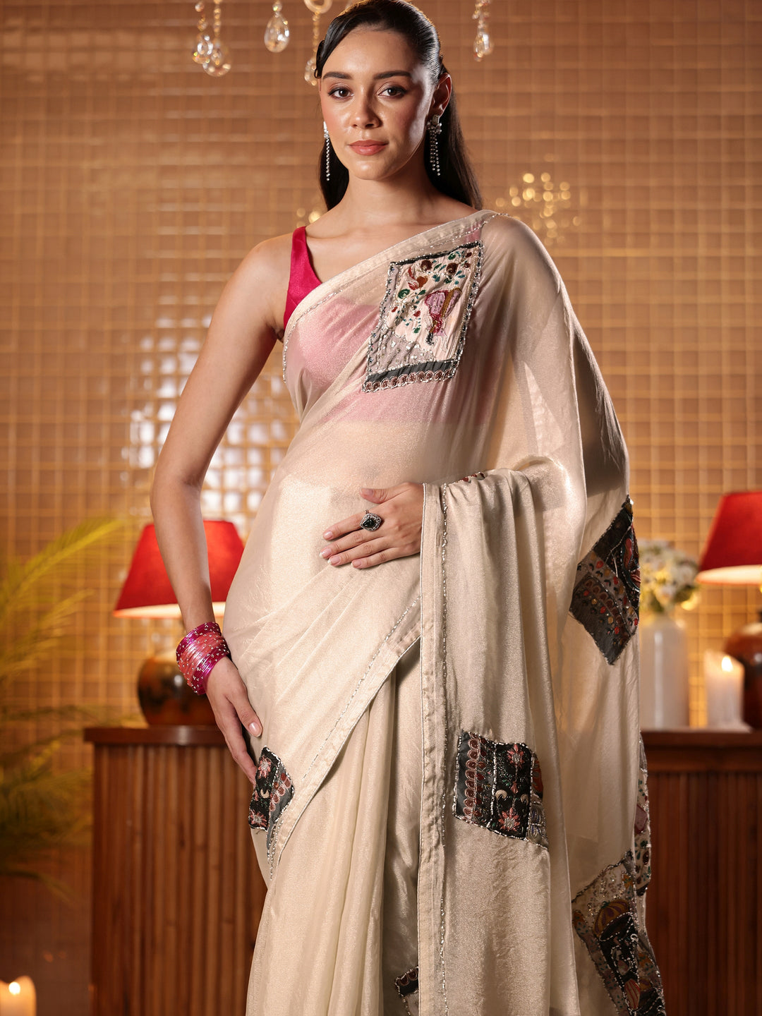  Taupe Applique Silk Blend Saree 