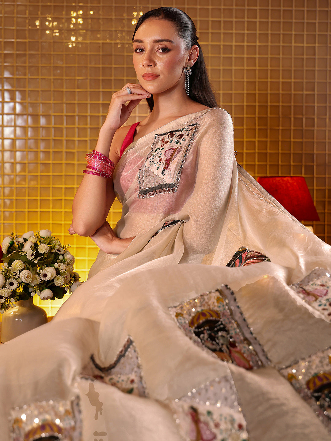 Libas Taupe Applique Silk Blend Saree