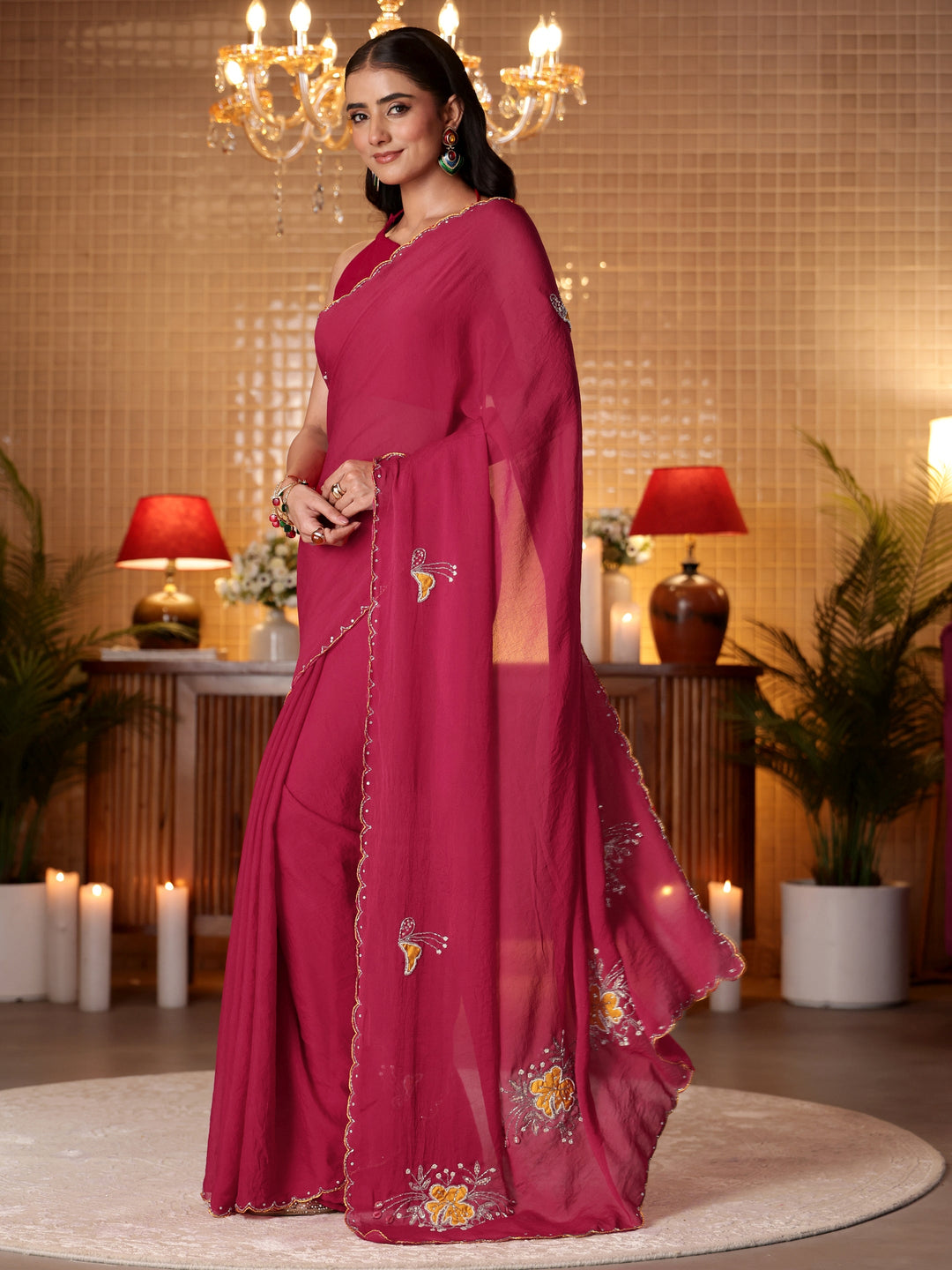  Libas Rani Pink Floral Embellished Silk Blend Saree 