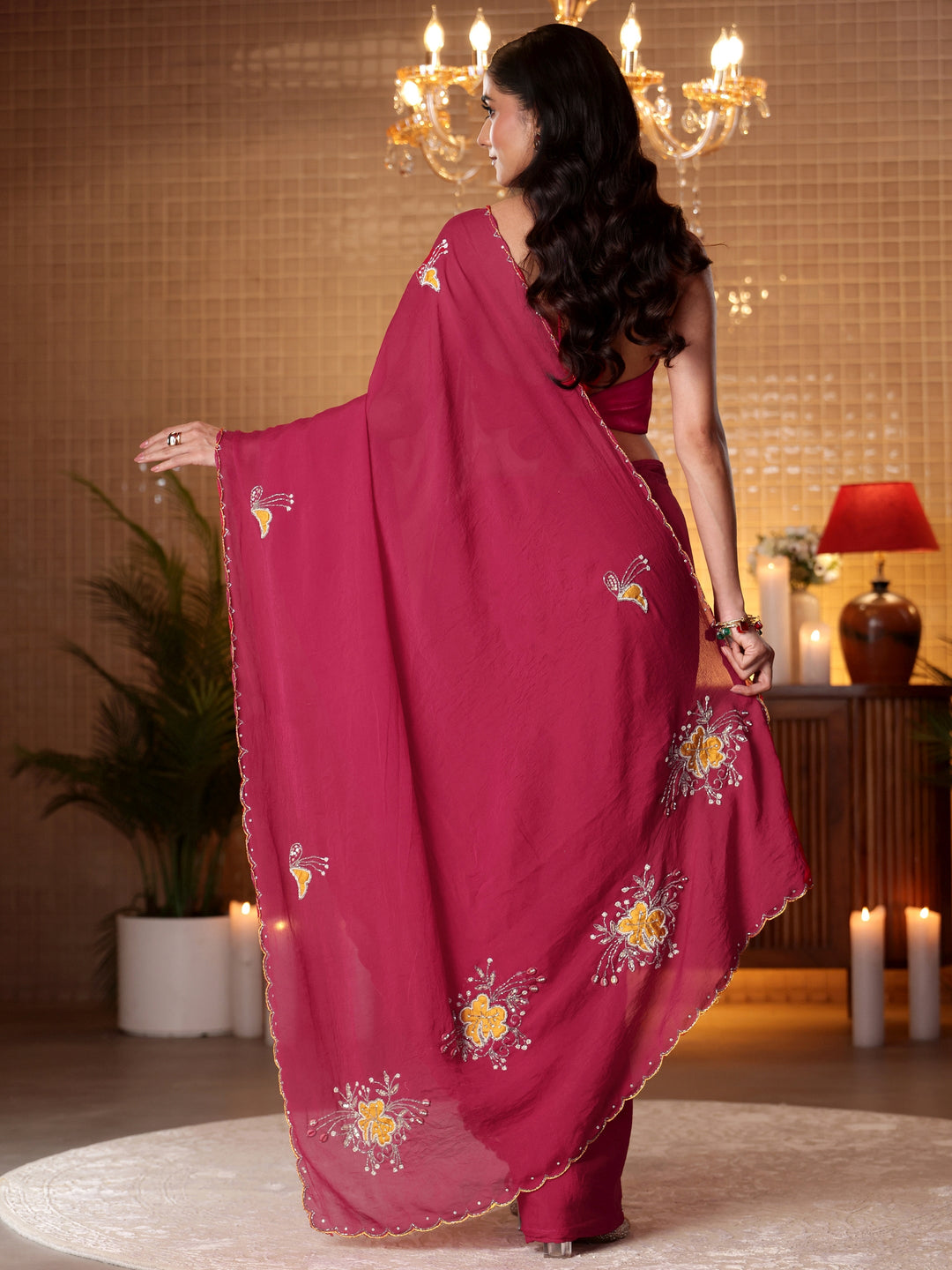  Libas Rani Pink Floral Embellished Silk Blend Saree 