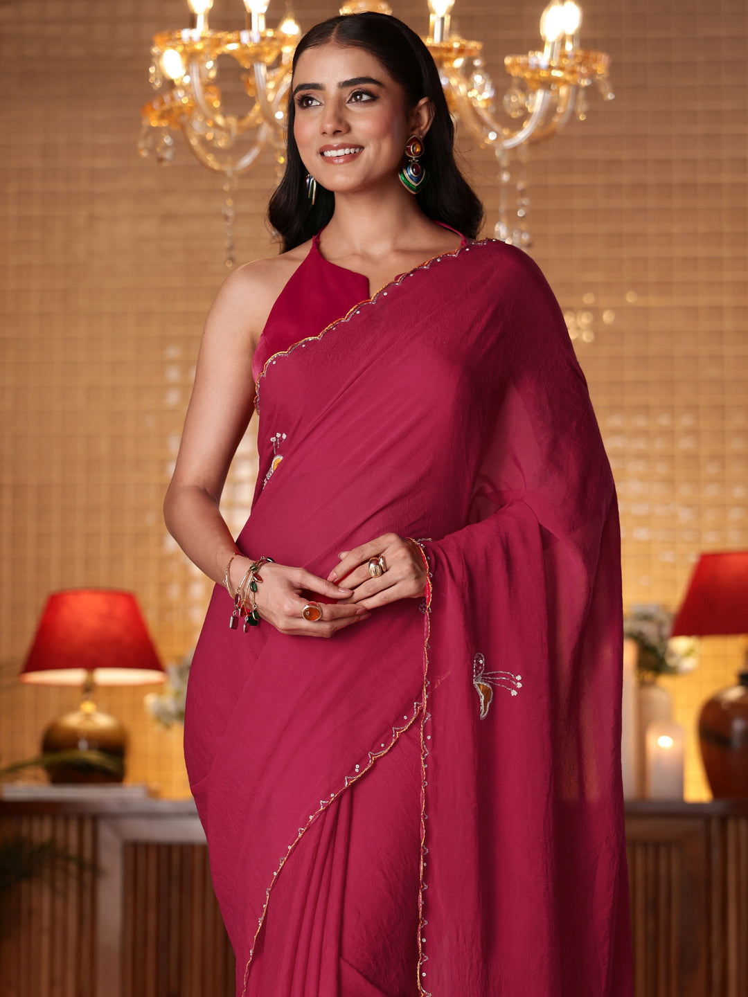  Libas Rani Pink Floral Embellished Silk Blend Saree 