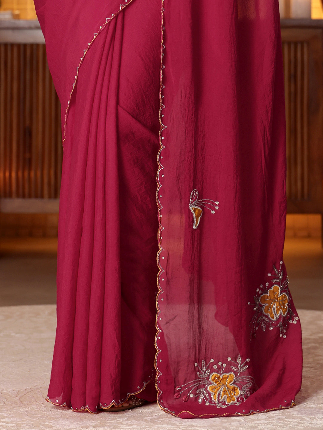  Libas Rani Pink Floral Embellished Silk Blend Saree 
