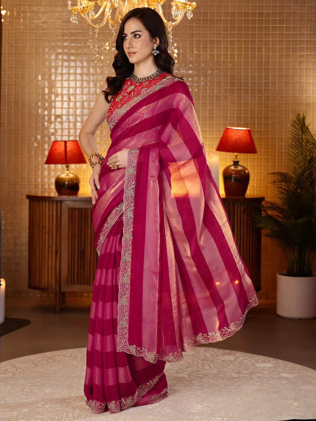  Rani Pink Striped Silk Blend Saree 