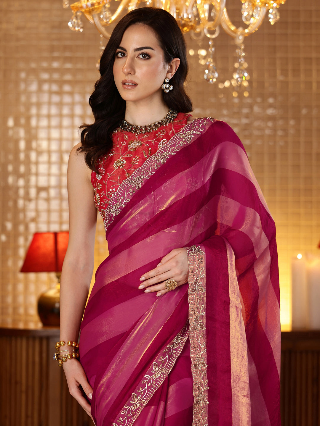  Rani Pink Striped Silk Blend Saree 