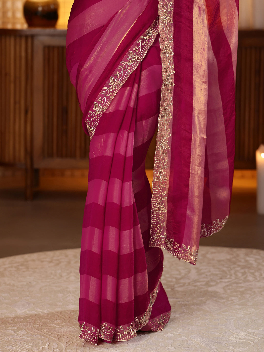  Rani Pink Striped Silk Blend Saree 