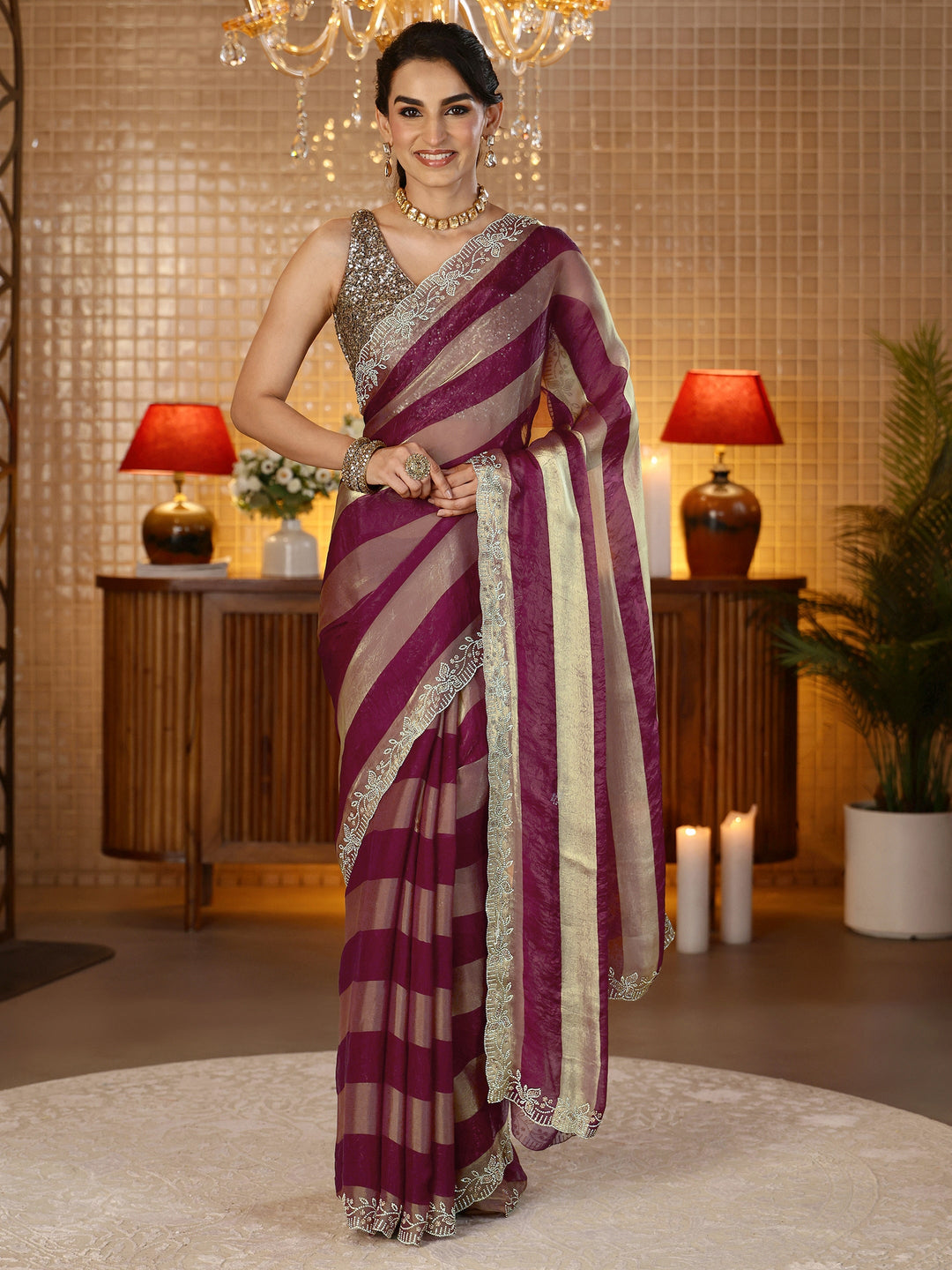  Burgundy Striped Silk Blend Saree 