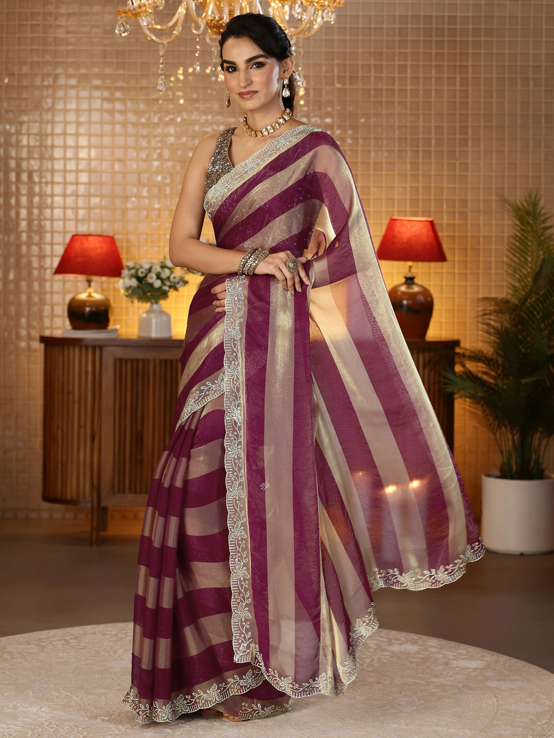  Burgundy Striped Silk Blend Saree 