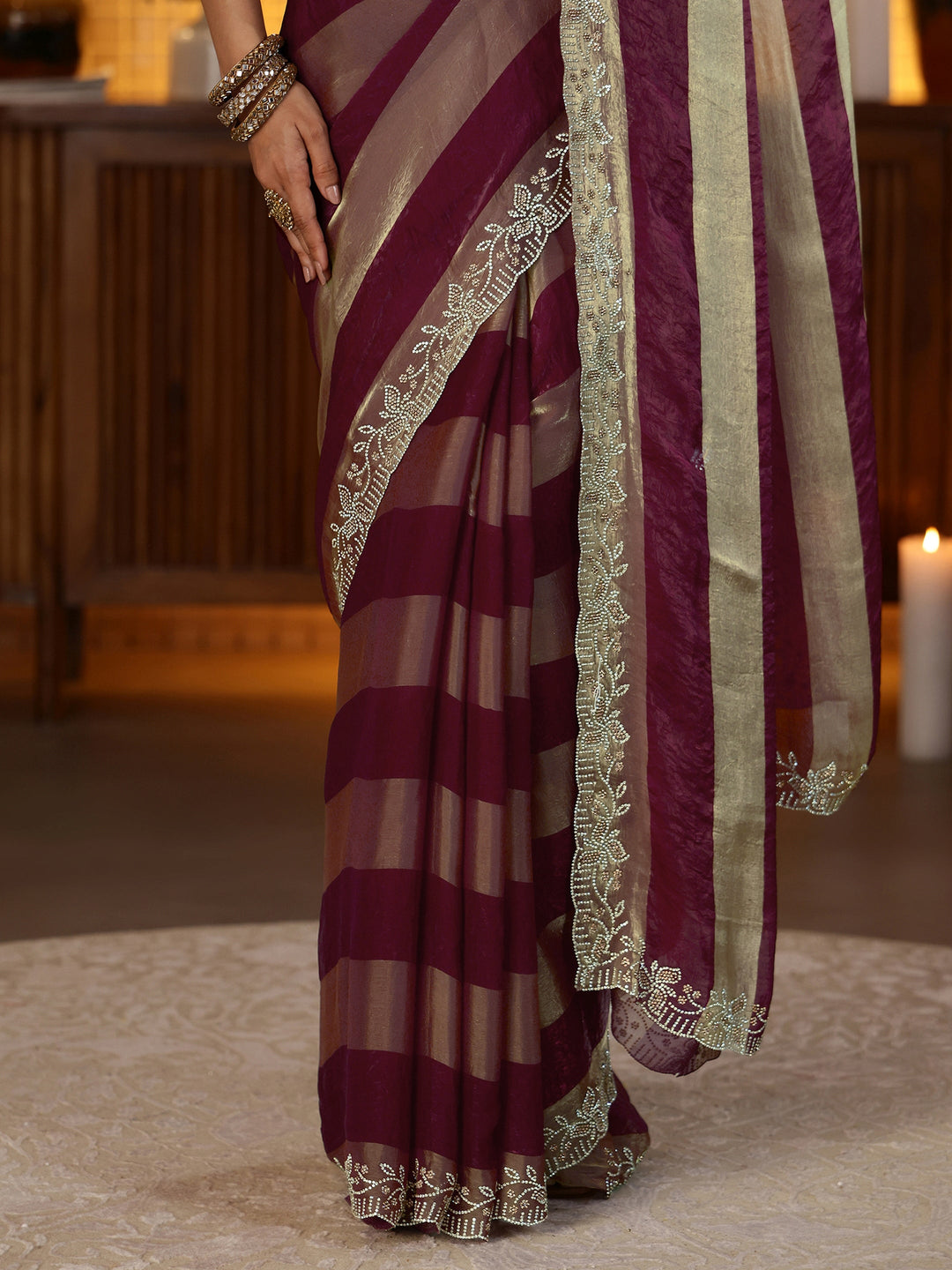  Burgundy Striped Silk Blend Saree 