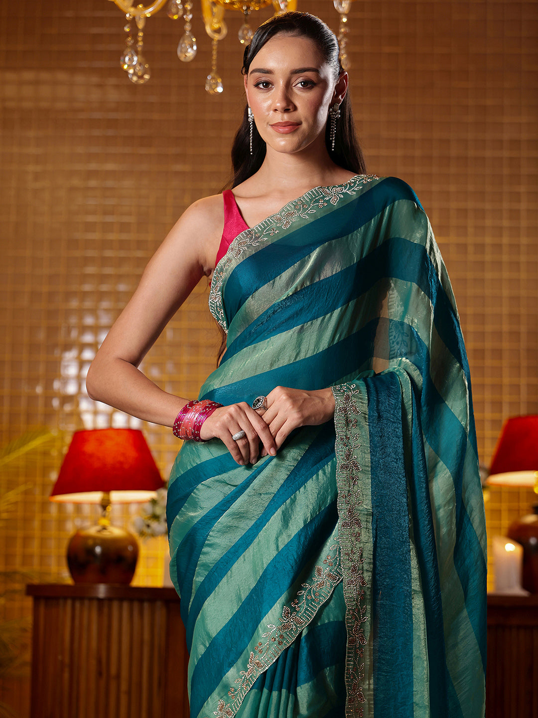  Libas Teal Green Striped Silk Blend Saree 