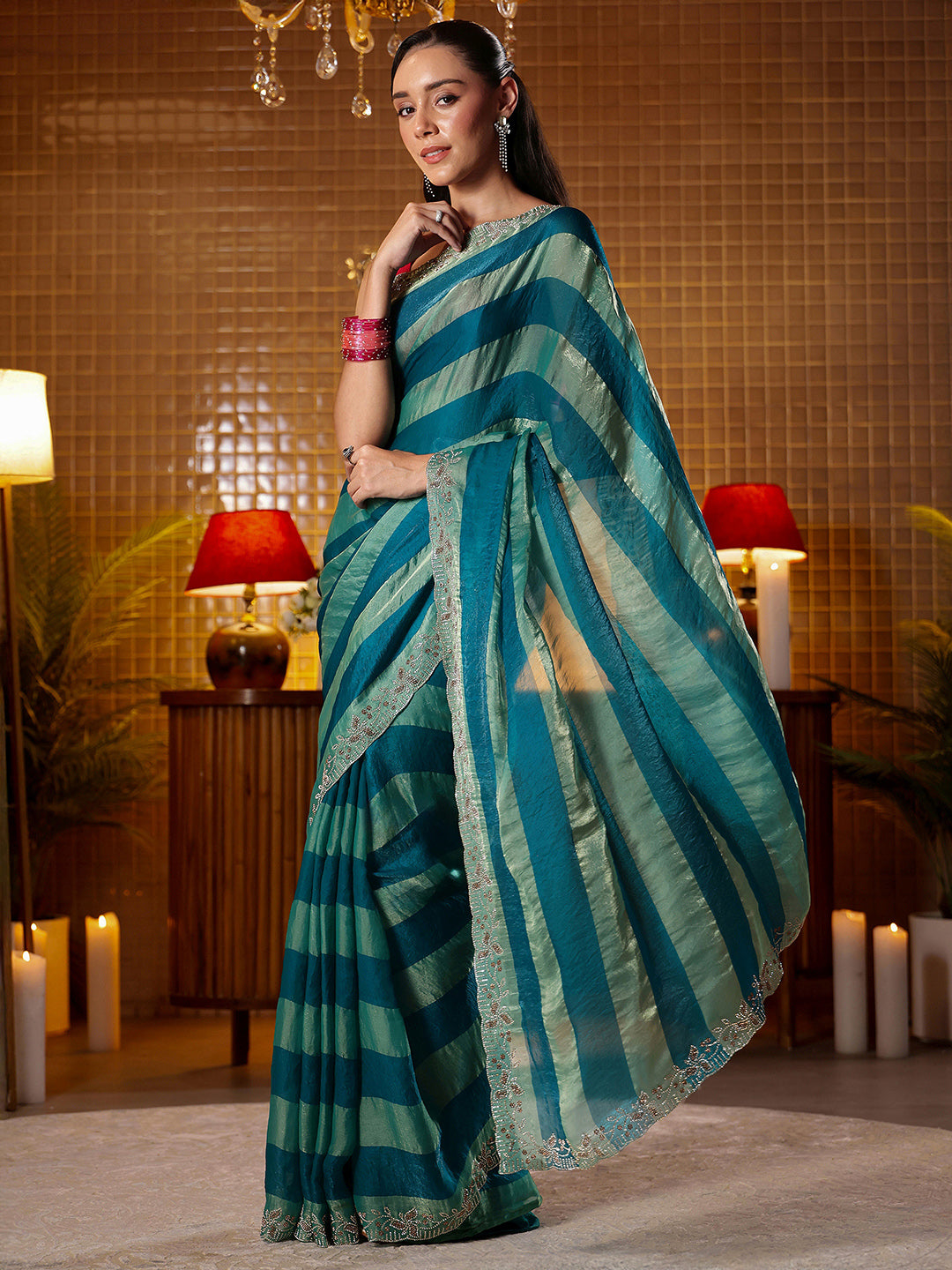  Libas Teal Green Striped Silk Blend Saree 