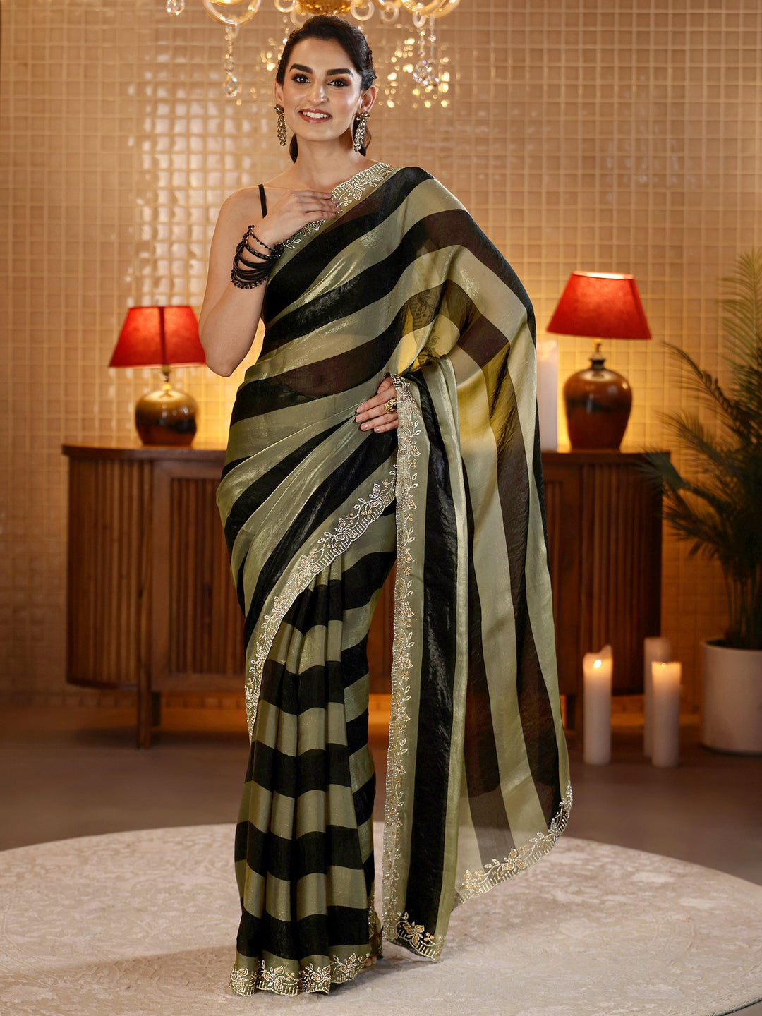  Black Striped Silk Blend Saree 