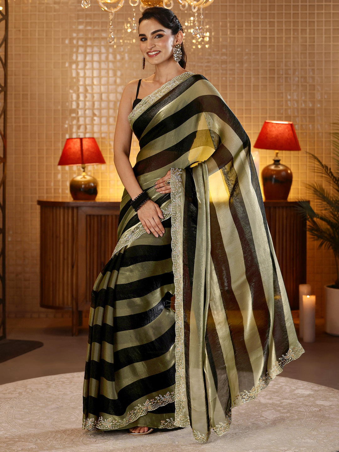  Black Striped Silk Blend Saree 