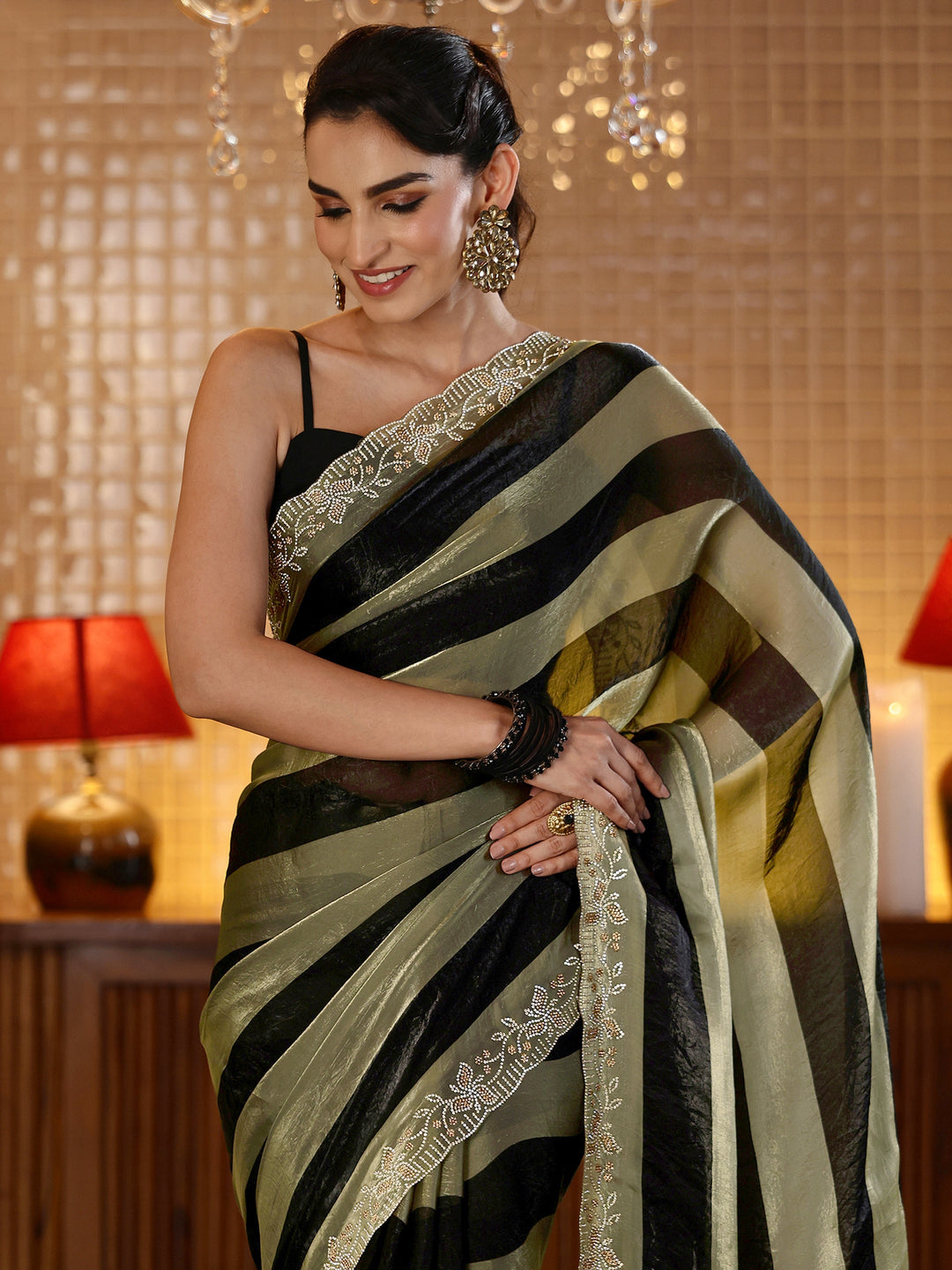  Black Striped Silk Blend Saree 