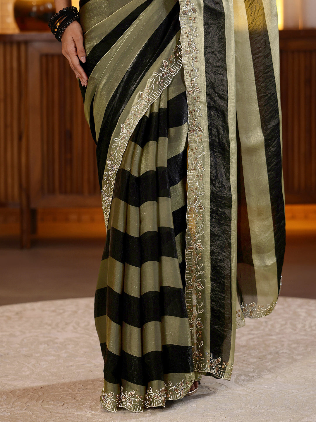  Black Striped Silk Blend Saree 