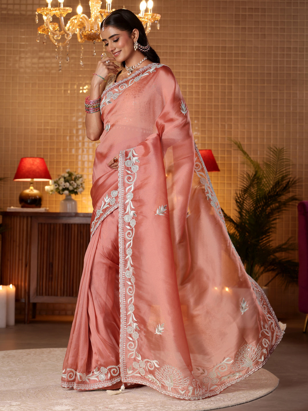  Peach Floral Embroidered Tissue Saree 