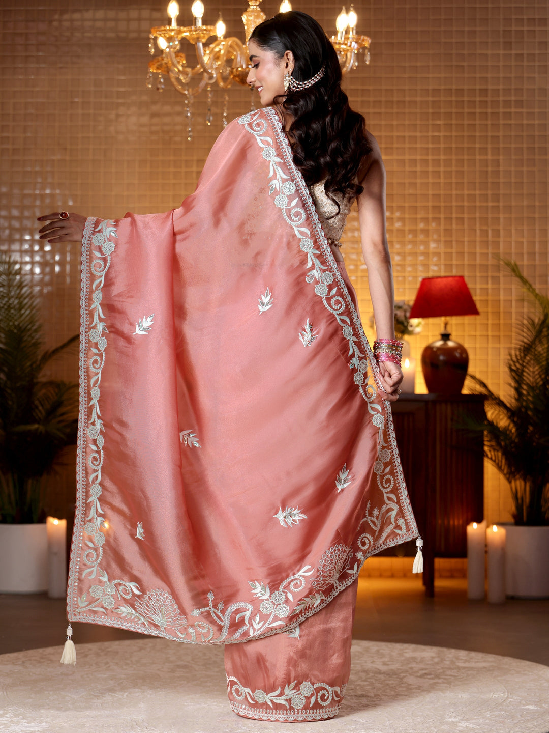  Peach Floral Embroidered Tissue Saree 
