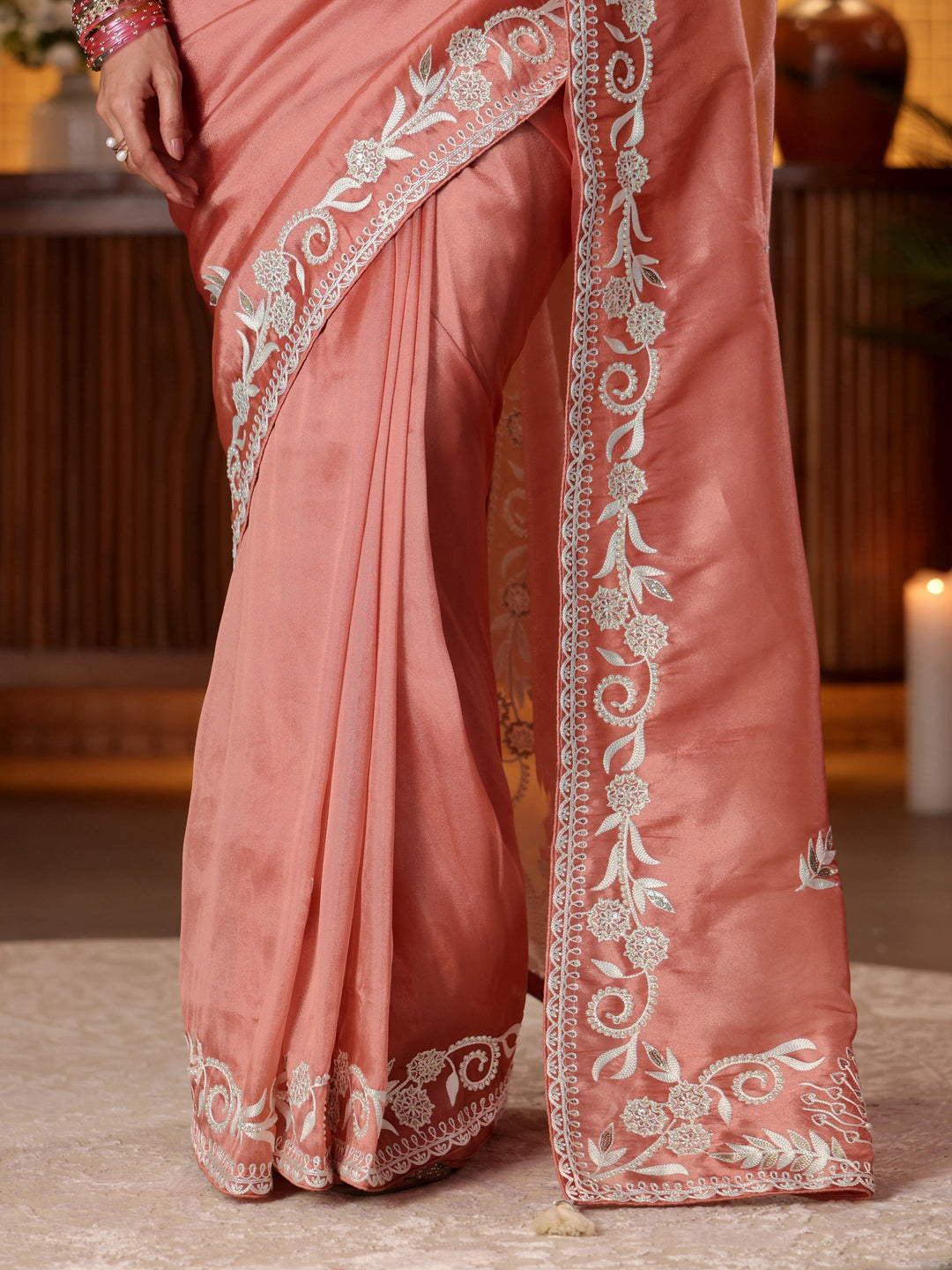  Peach Floral Embroidered Tissue Saree 
