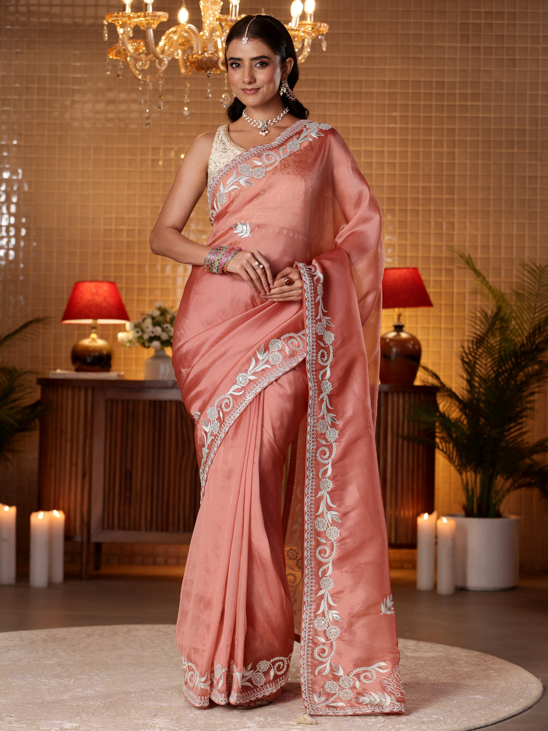  Peach Floral Embroidered Tissue Saree 