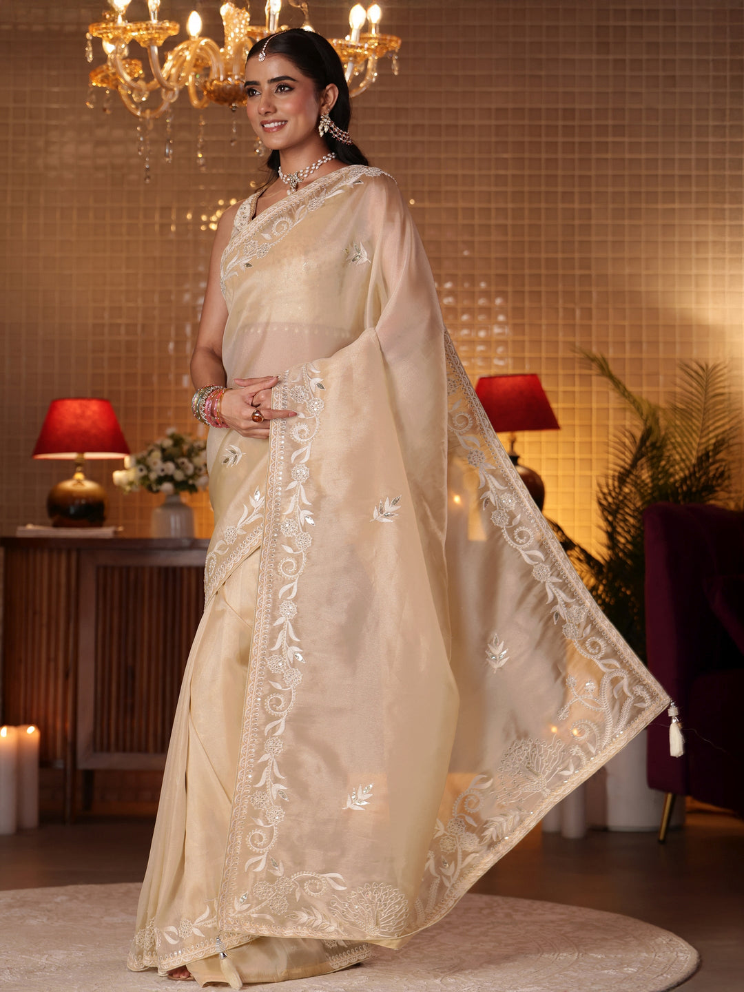  Cream Floral Embroidered Tissue Saree 