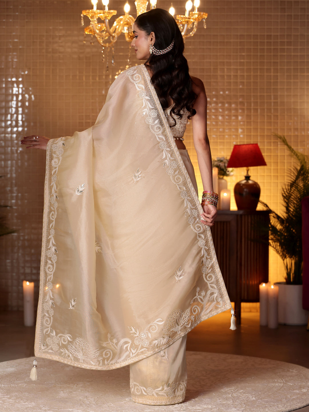  Cream Floral Embroidered Tissue Saree 