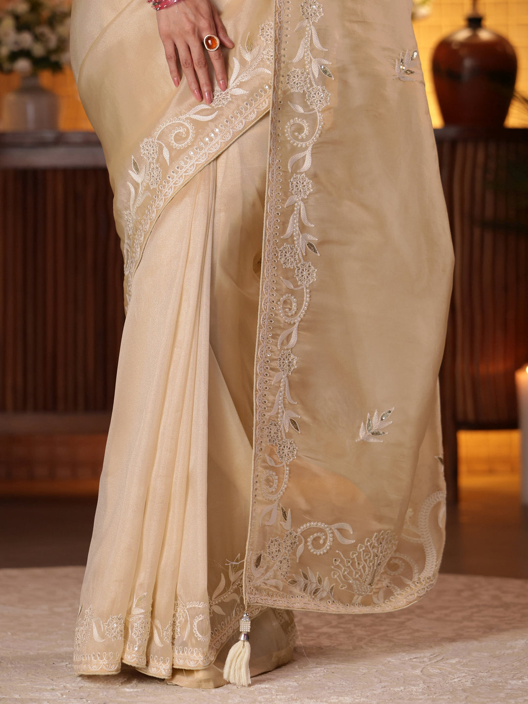  Cream Floral Embroidered Tissue Saree 