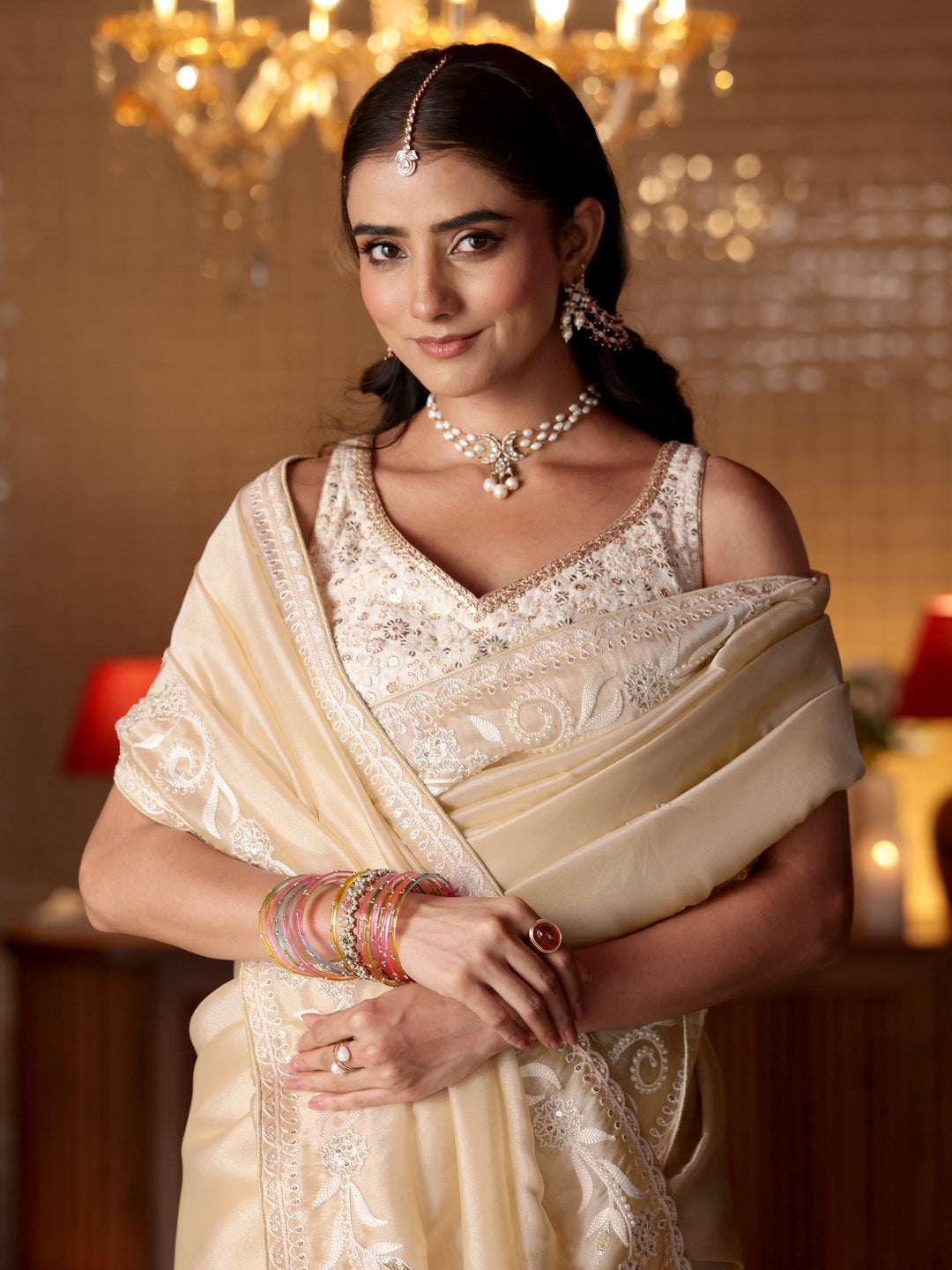  Cream Floral Embroidered Tissue Saree 