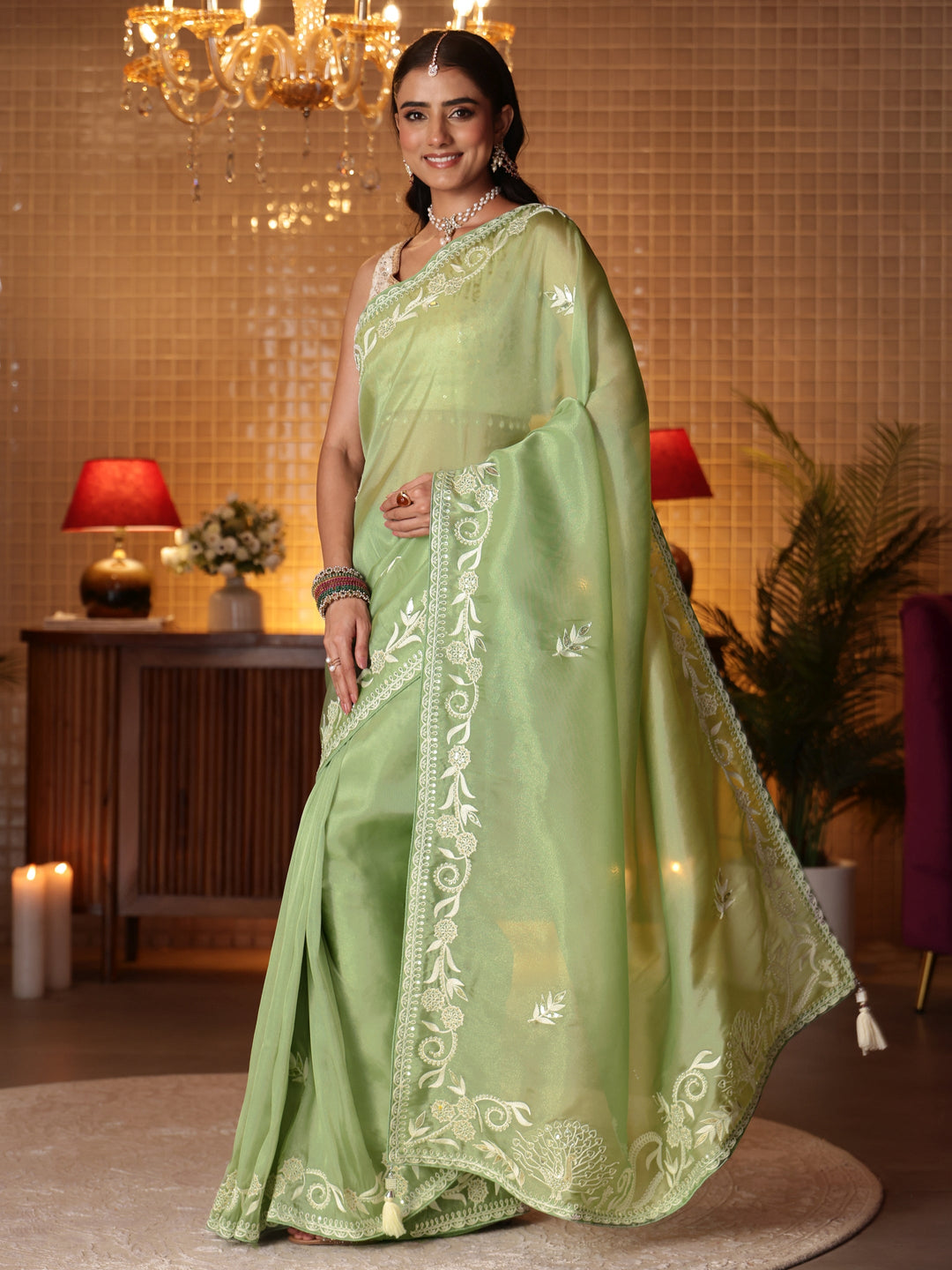  Green Floral Embroidered Tissue Saree 