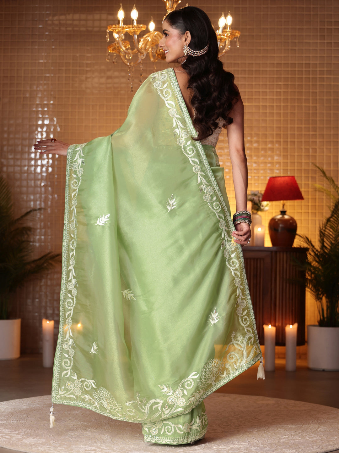  Green Floral Embroidered Tissue Saree 