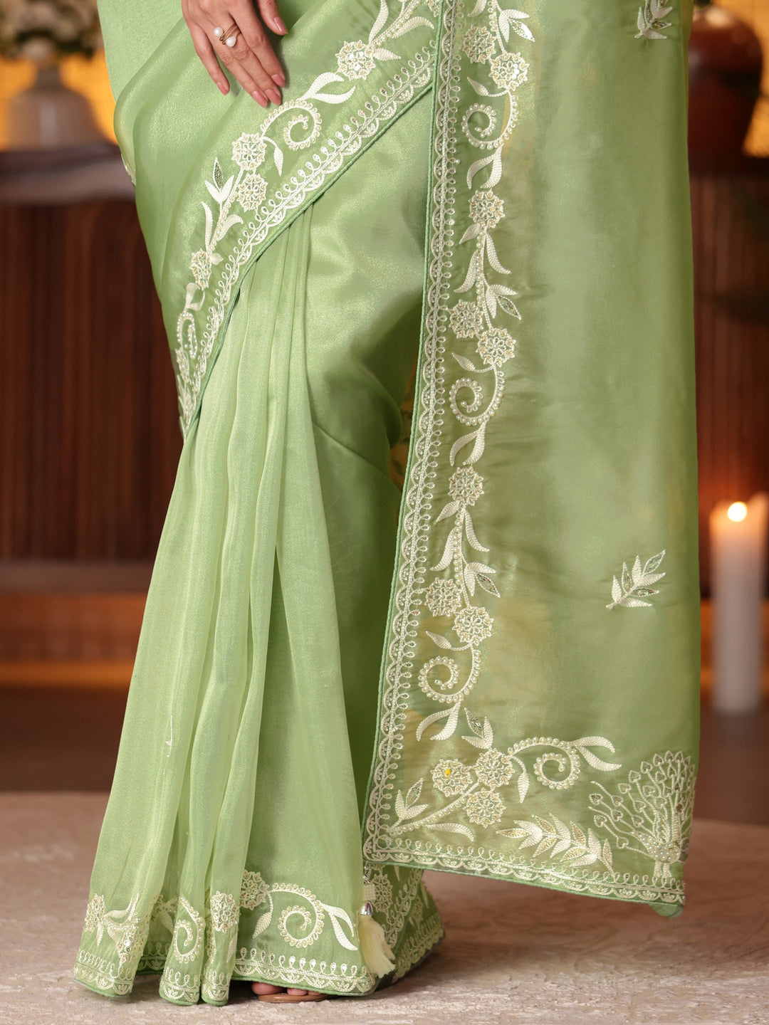  Green Floral Embroidered Tissue Saree 