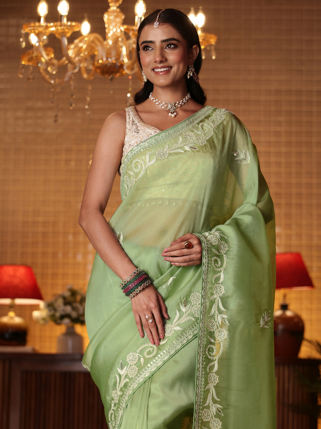  Green Floral Embroidered Tissue Saree 