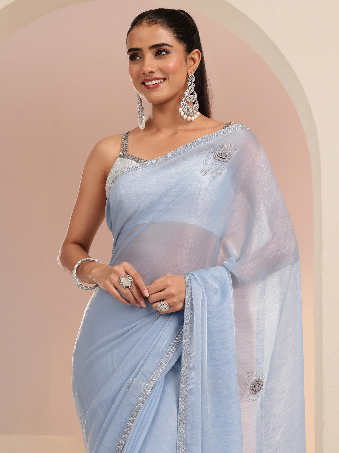  Powder Blue Floral Embellished Silk Blend Saree 