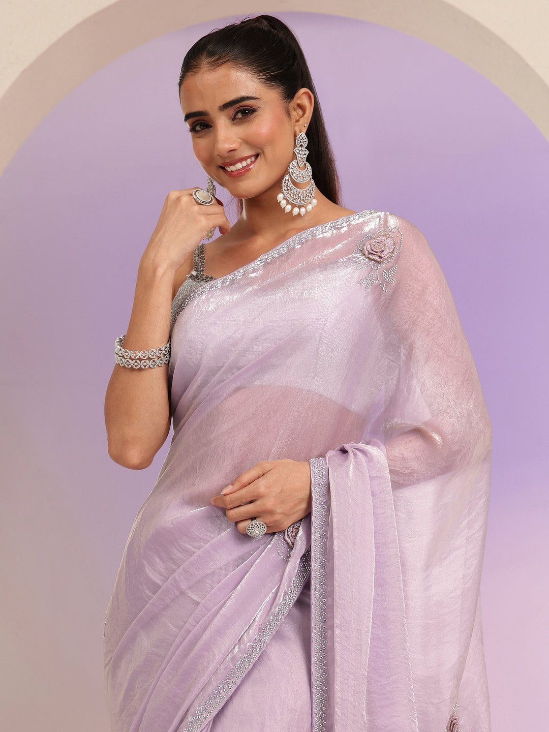  Lavender Floral Embellished Silk Blend Saree 