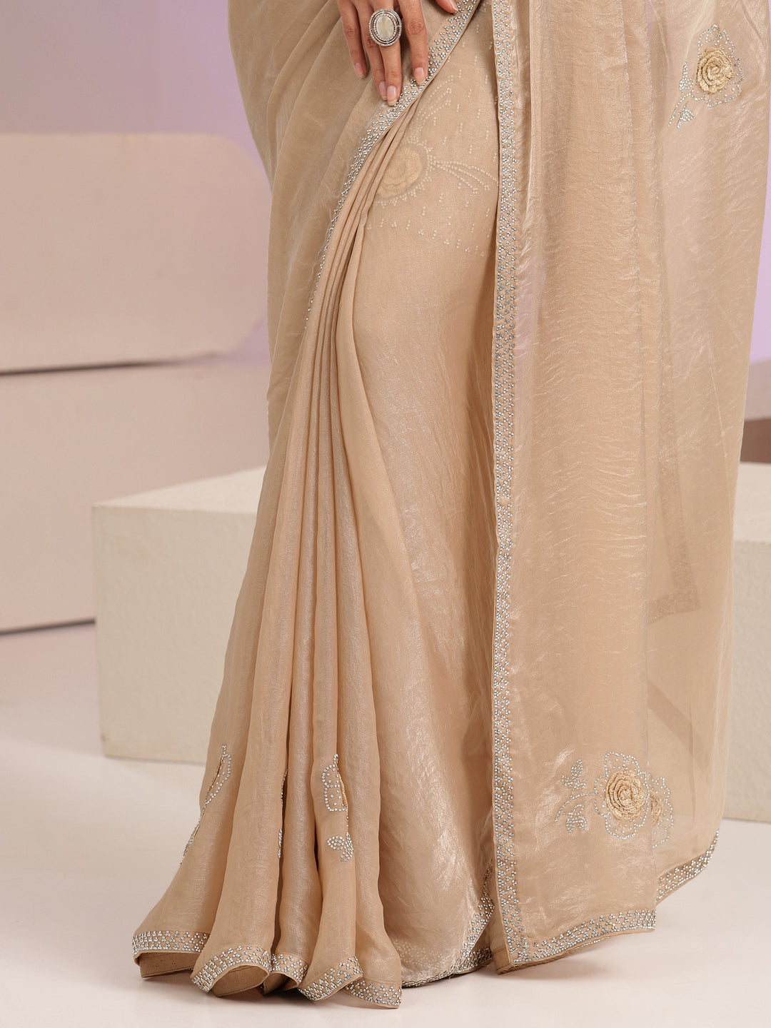  Taupe Floral Embellished Silk Blend Saree 