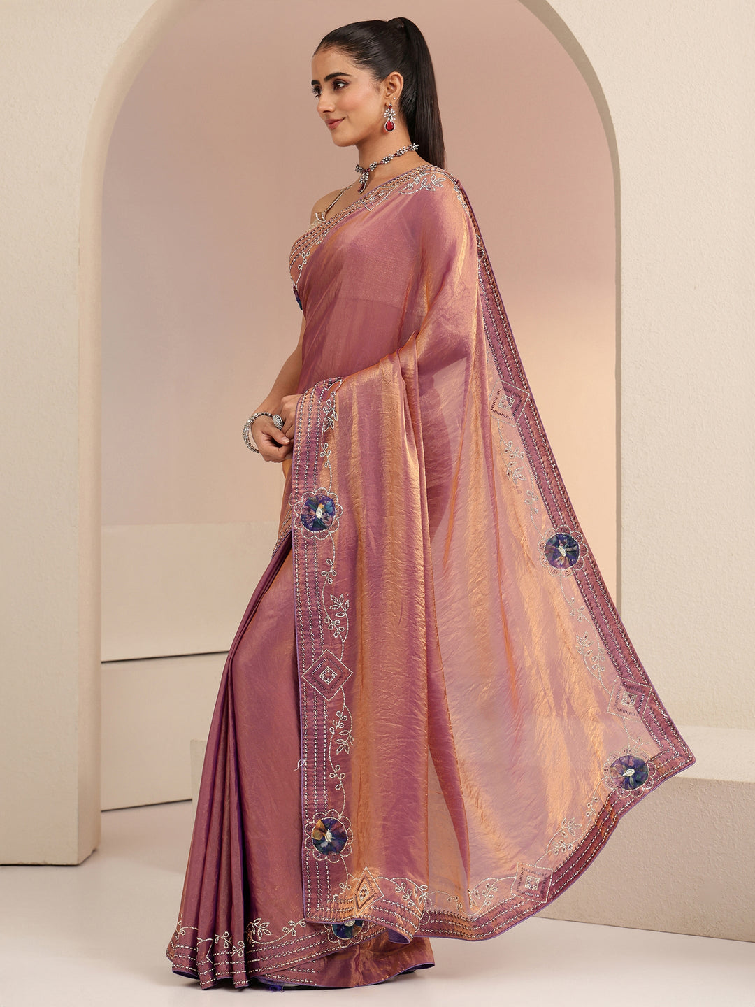  Purple Floral Embellished Silk Blend Saree 