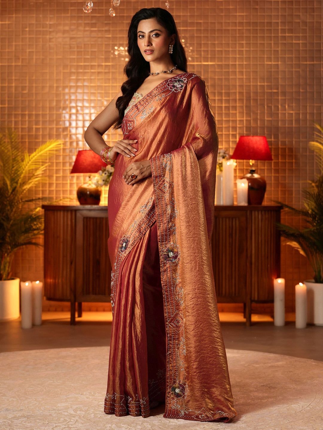  Peach Silk Blend Saree with Floral Border 