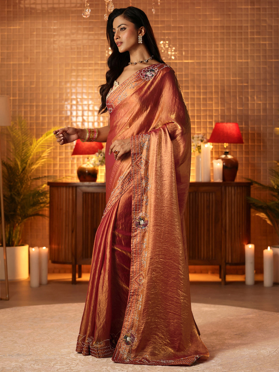  Peach Silk Blend Saree with Floral Border 
