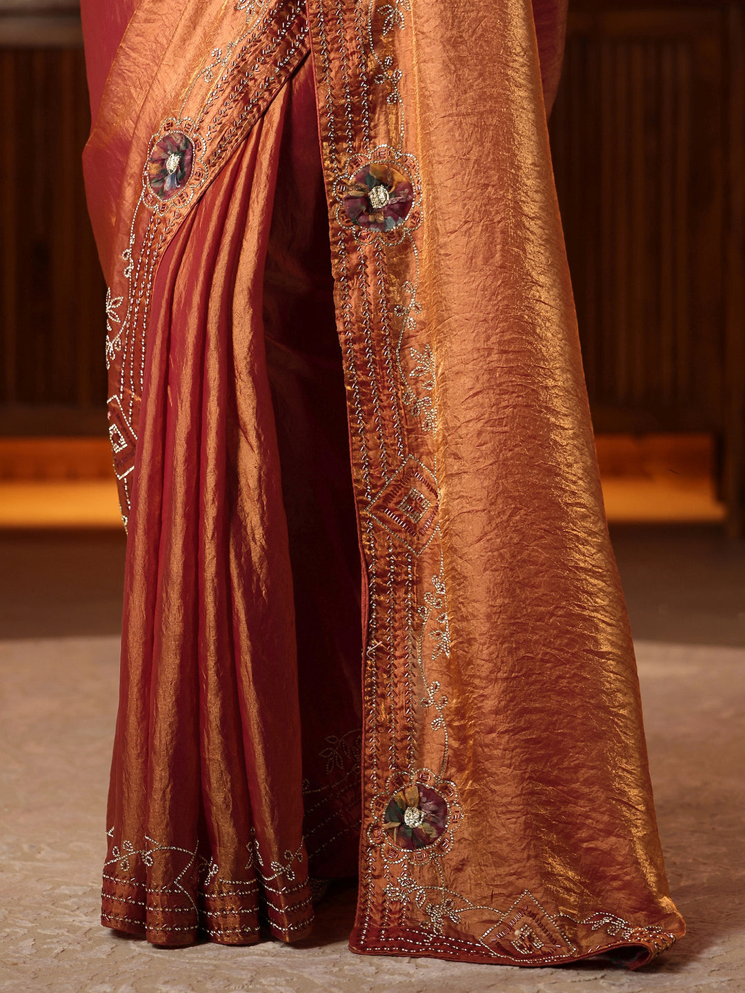  Peach Silk Blend Saree with Floral Border 