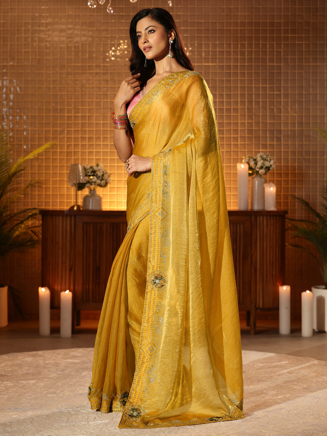  Mustard Silk Blend Saree with Floral Border 