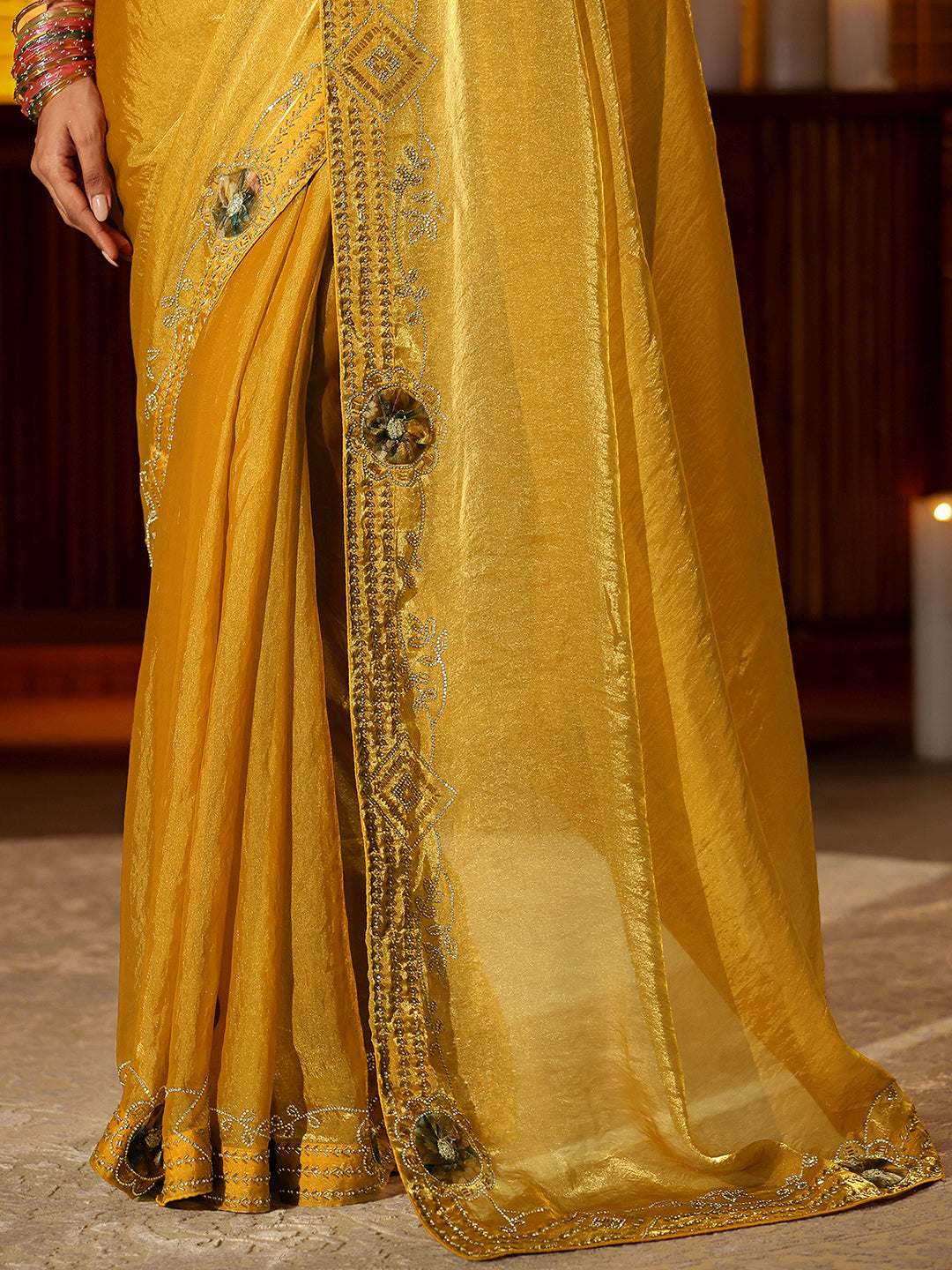  Libas Mustard Silk Blend Saree with Floral Border 